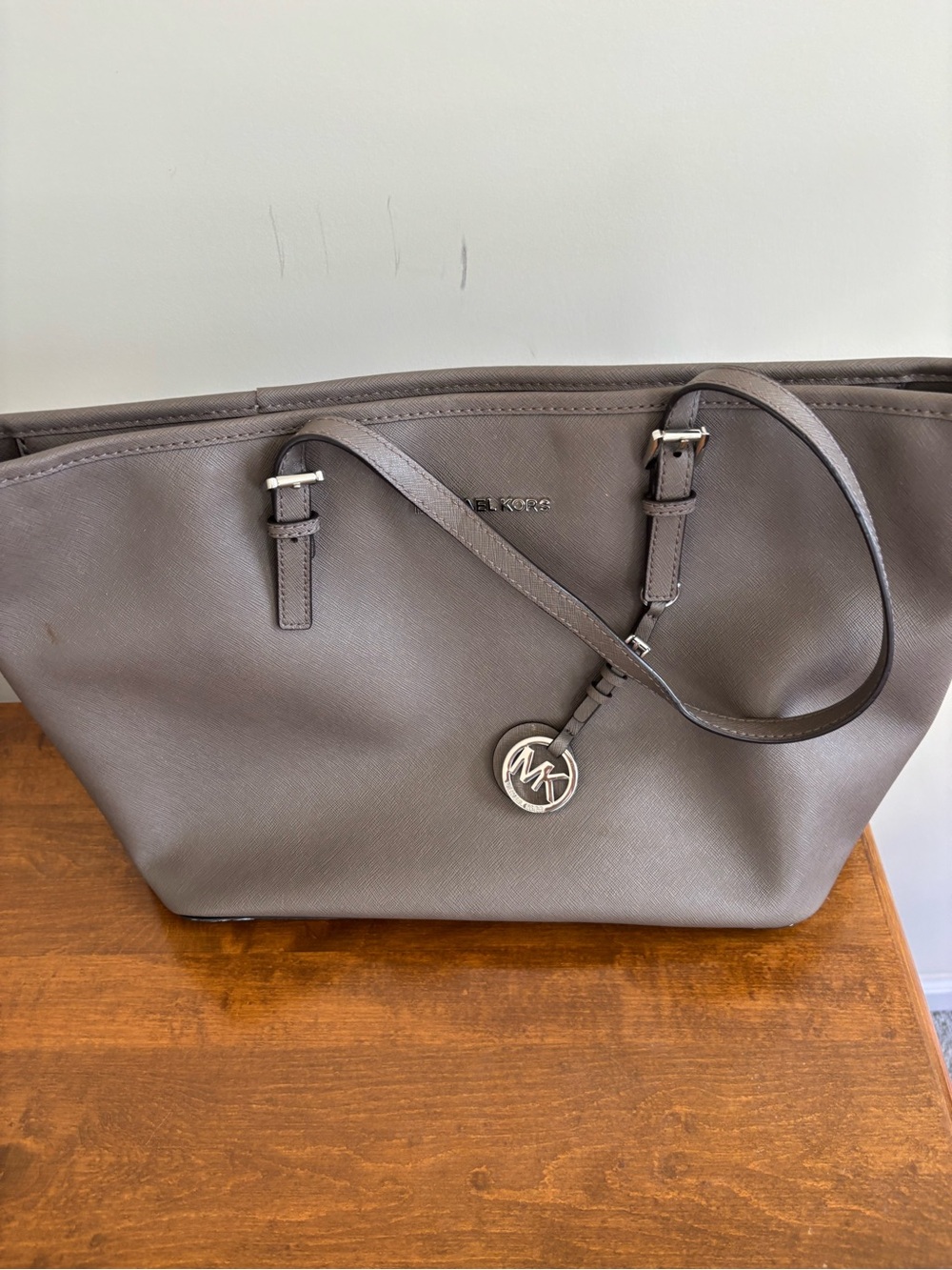 Michael Kors Taupe Saffiano Leather Tote with MK Charm